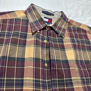 Vintage Tommy Hilfiger XL Men’s Plaid Shirt Yellow Burgundy Crest Cotton
